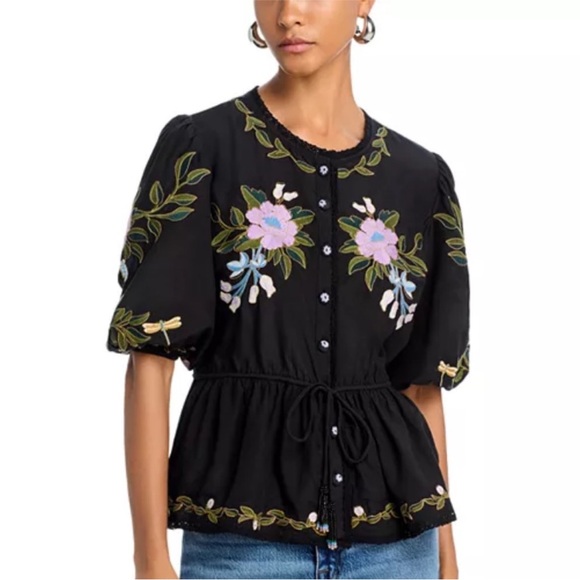 NEW FARM RIO winter garden embroidered short sleeve blouse in black - Picture 1 of 7